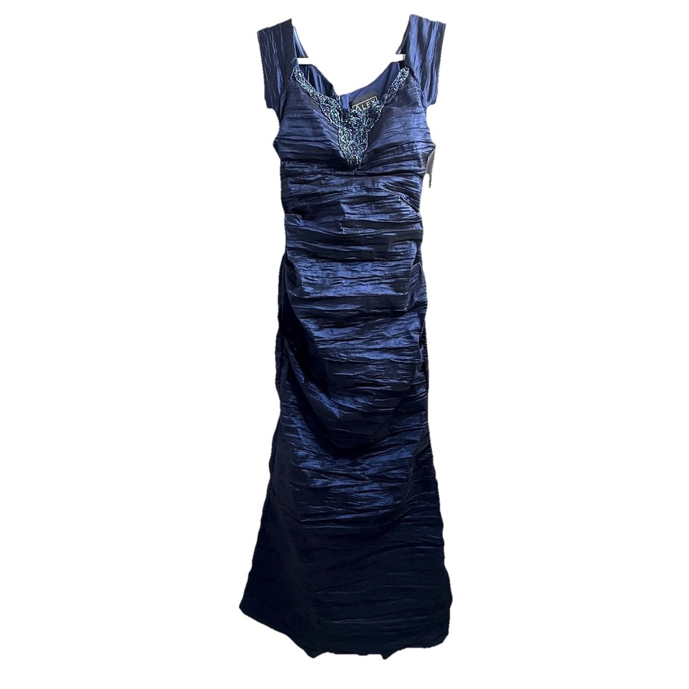 Alex Evenings Dress Size 8 Midnight Blue Formal Gown Long Prom Beaded Ruched NWT